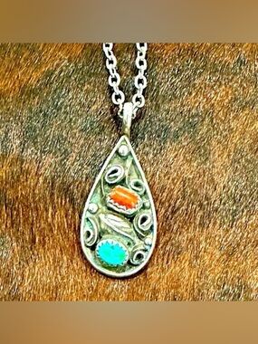 Sterling Silver Turquoise & Coral Teardrop Pendant Necklace